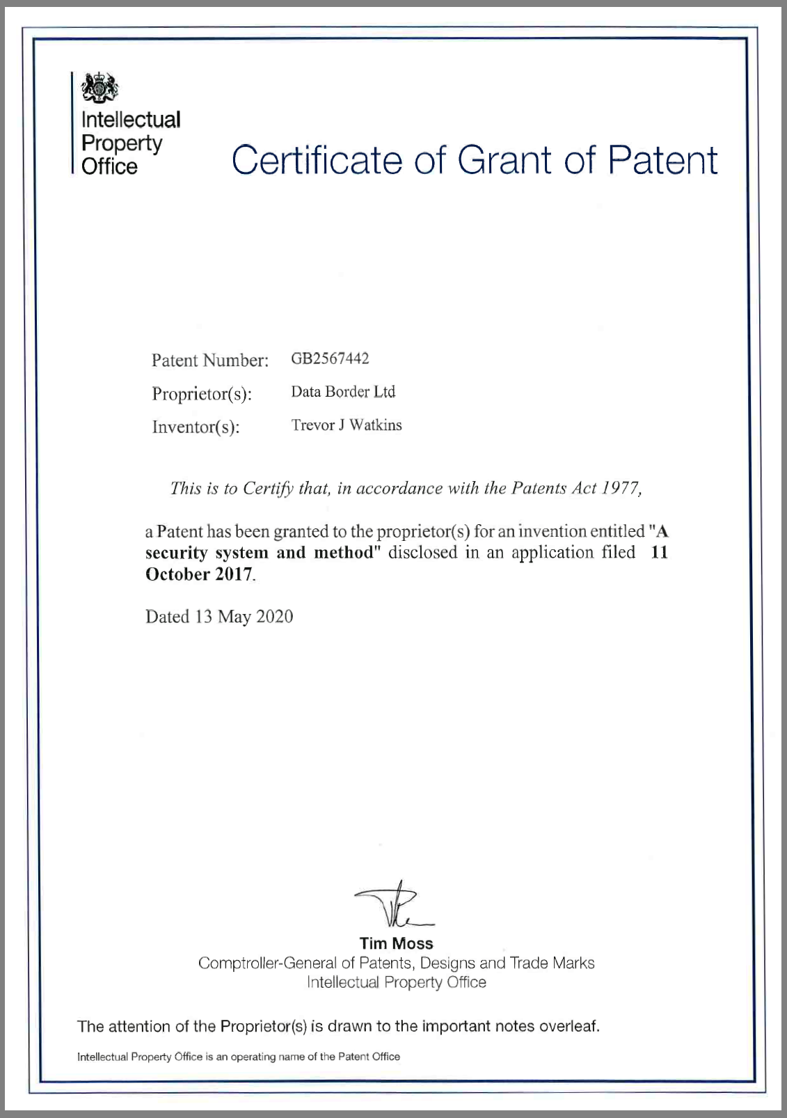 Patent published by UKIPO